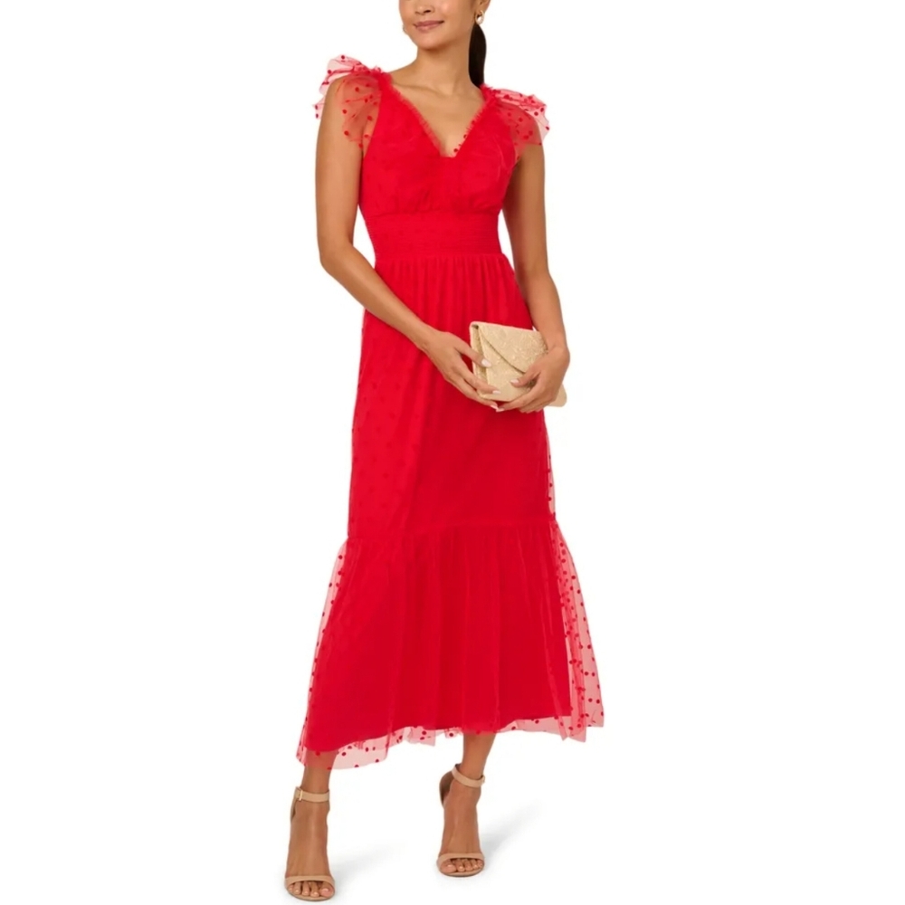 🔥Adrianna Papell Sleeveless Dot-Mesh Red Dress